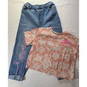 365 Kids Girls Outfit Size 7 Love Jeans & Tie Dye T-Shirt Set Denim Distressed